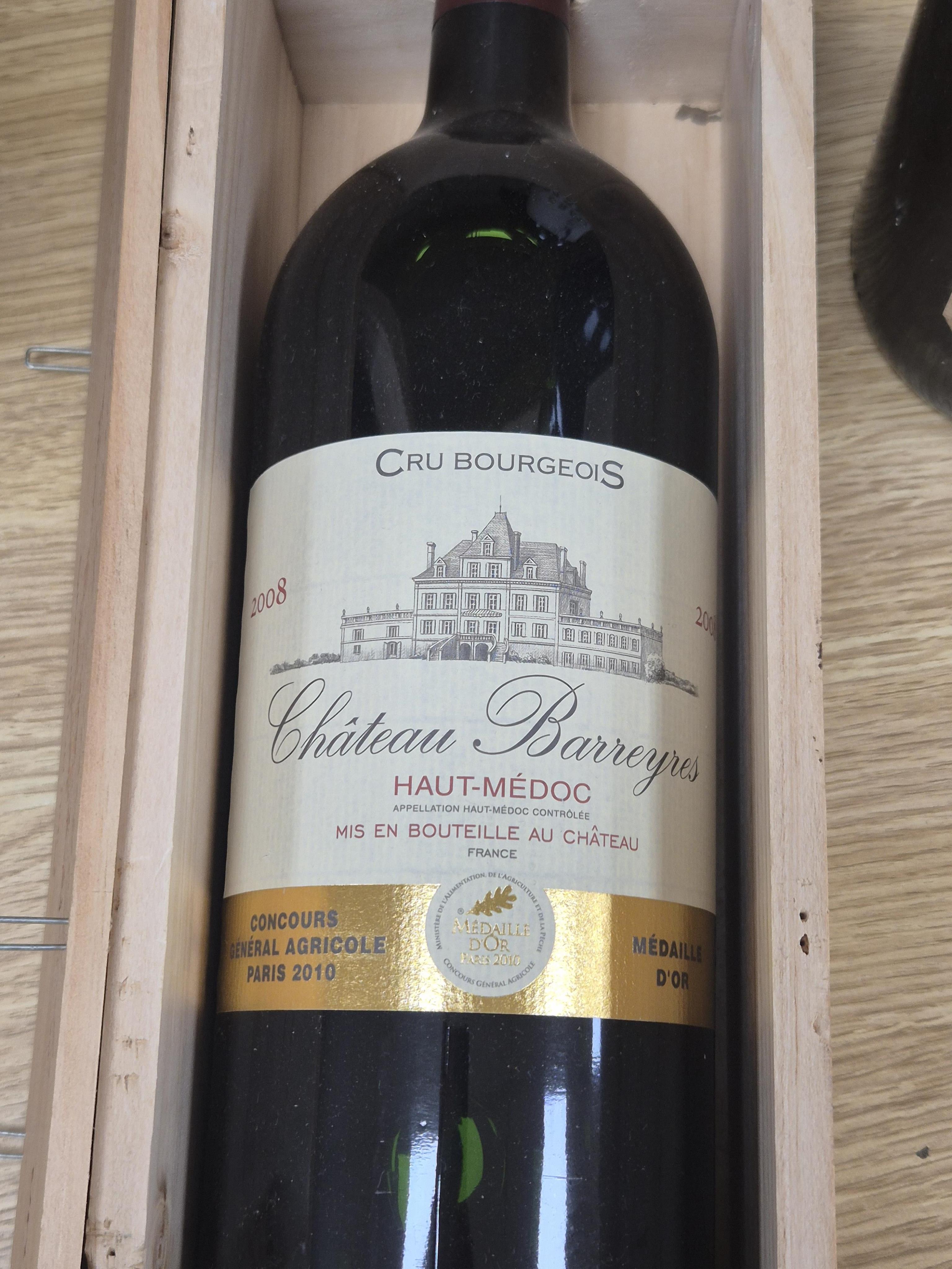 A magnum of Chateau Barreyres haut medoc, 2008, cased and four other magnums of red Bordeaux
